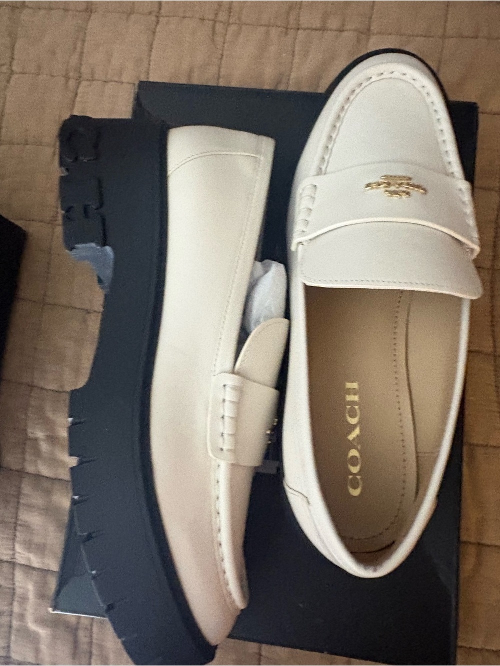 Coach Cream Leather Lug Sole Loafers